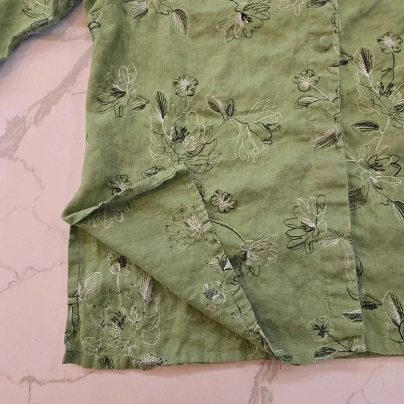 Tweeds Embroidered Floral Linen Button Down Tunic Green Womens Size 1X - Picture 7 of 12